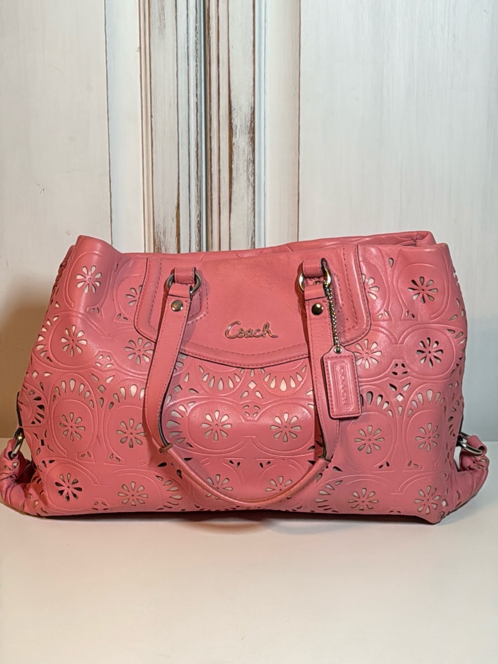 Coach A1382-F21868 Pink Leather Laser-Cut Floral Eyelet Carryall Shoulder Bag